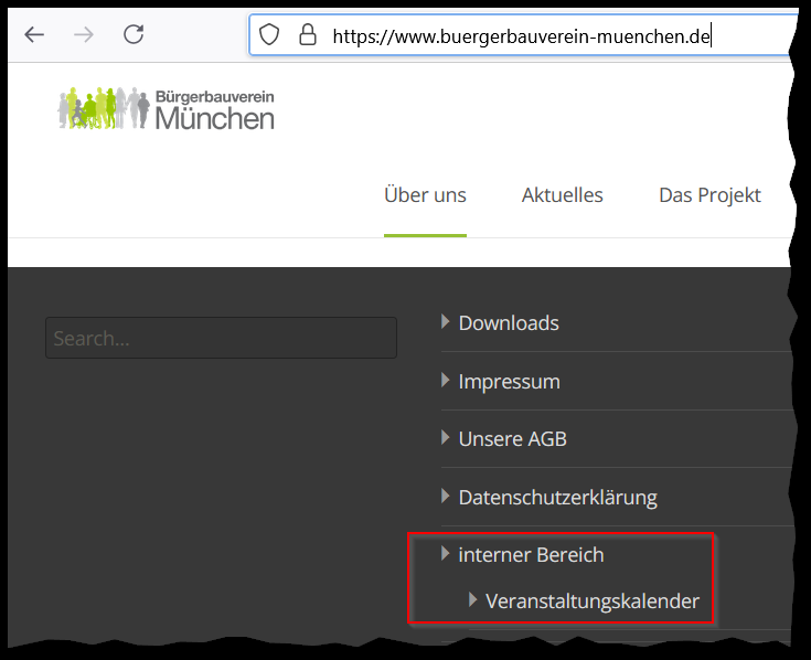 Interner Bereich der Webseite
